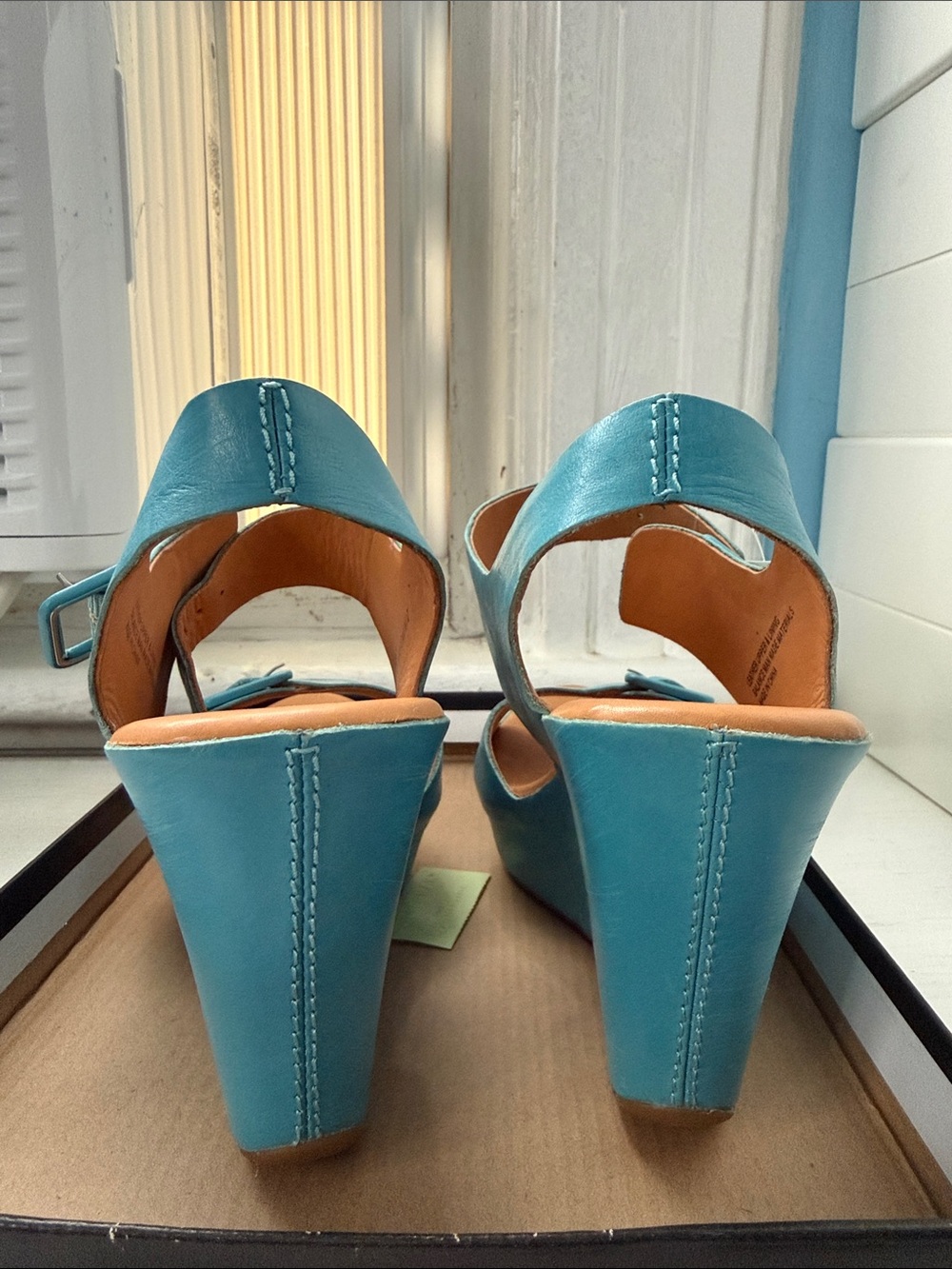 Kork-Ease Turquoise Blue Platform Wedge Sandals with Buckle - Picture 2 of 8